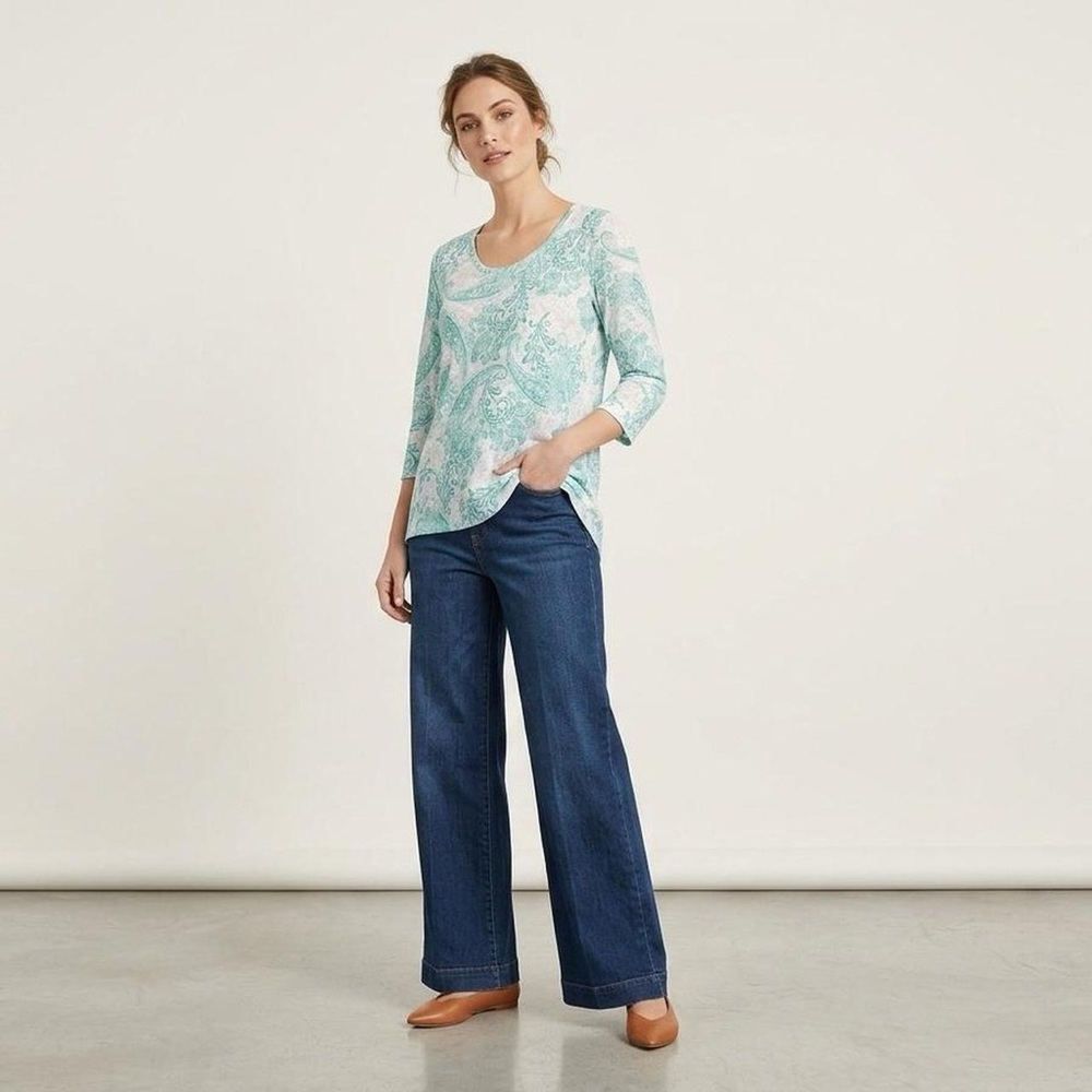 Chico’s Paisley Print 3/4 Sleeve Top Size 0 S Teal Mint Green Minimalist Coastal